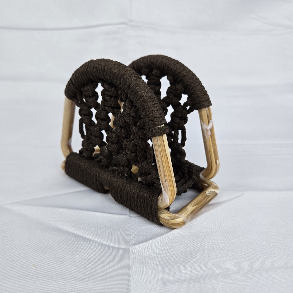 Vintage Macrame Napkin holder, retro napkin holder, brown fabric, napkin caddy